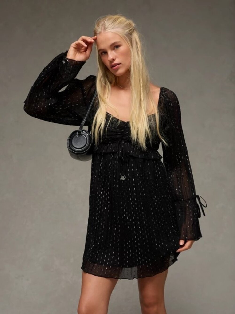 American Eagle NWT AE Long Sleeve Babydoll Mini Dress Metallic Black size Small